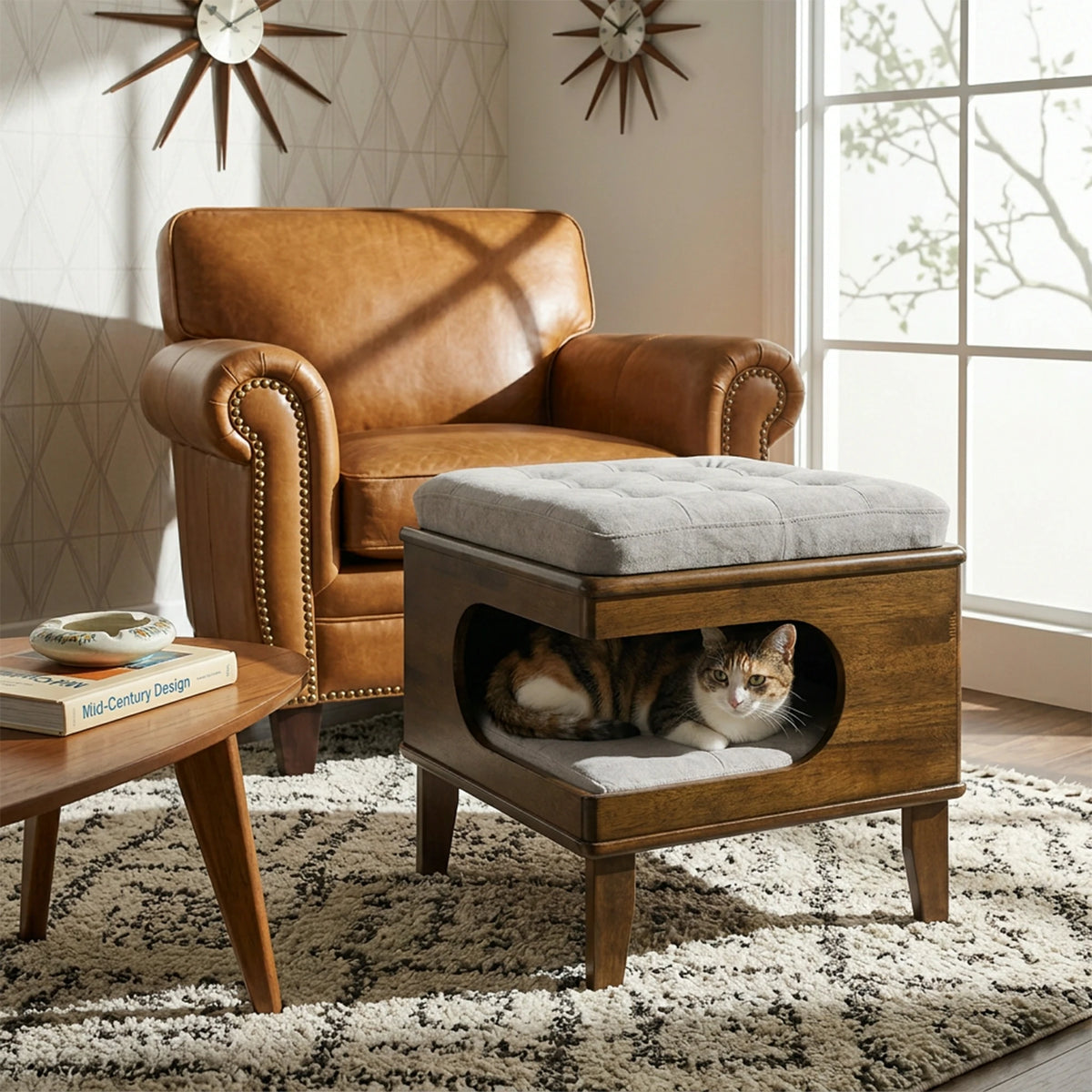 Rubber Wood Cat Bed Ottoman – 2-in-1 Tufted Pet Cave & Footstool