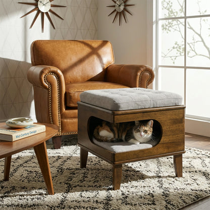 Rubber Wood Cat Bed Ottoman – 2-in-1 Tufted Pet Cave & Footstool