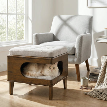 Rubber Wood Cat Bed Ottoman – 2-in-1 Tufted Pet Cave & Footstool