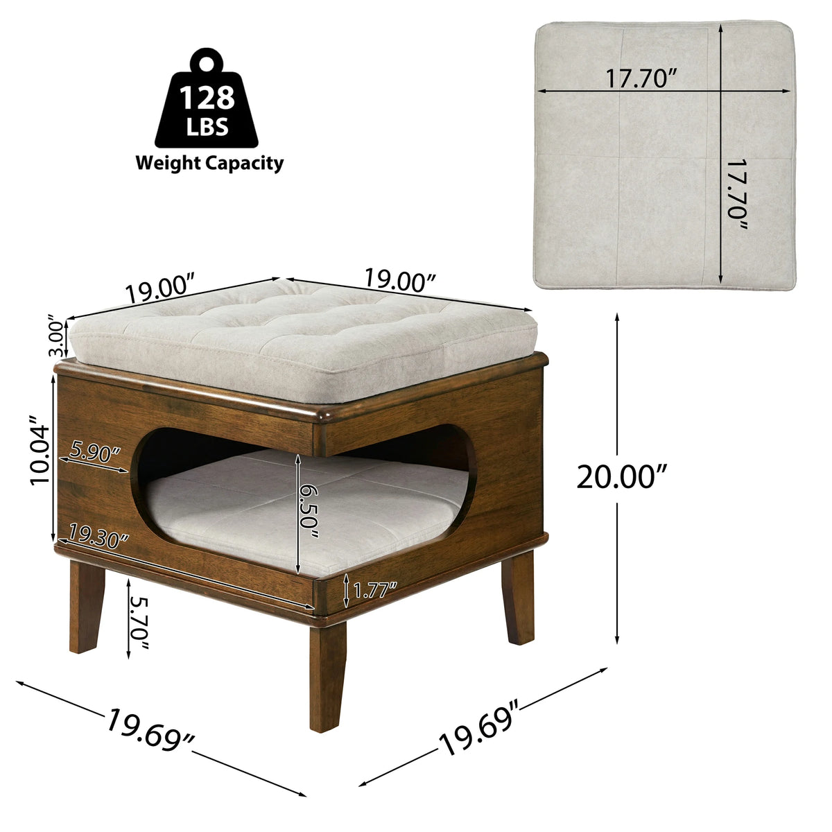 Rubber Wood Cat Bed Ottoman – 2-in-1 Tufted Pet Cave & Footstool