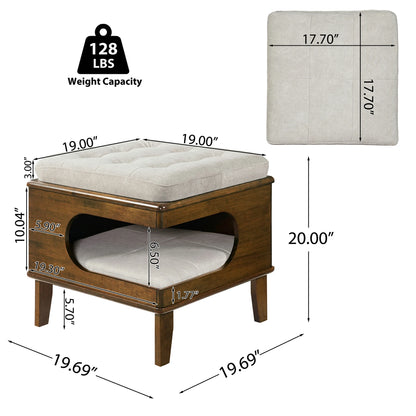 Rubber Wood Cat Bed Ottoman – 2-in-1 Tufted Pet Cave & Footstool