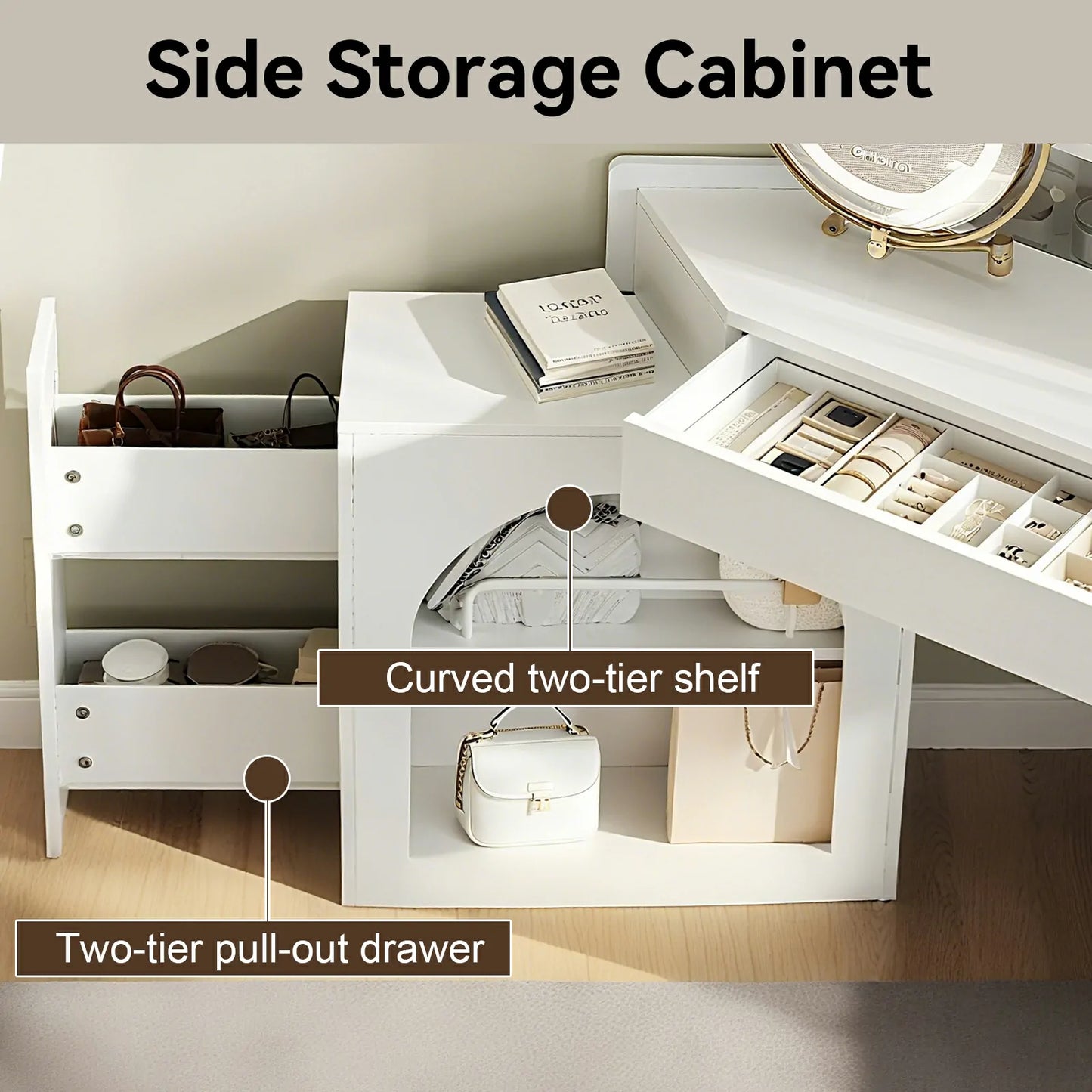 Corner Makeup Vanity Desk with LED Lights, Storage & Stool