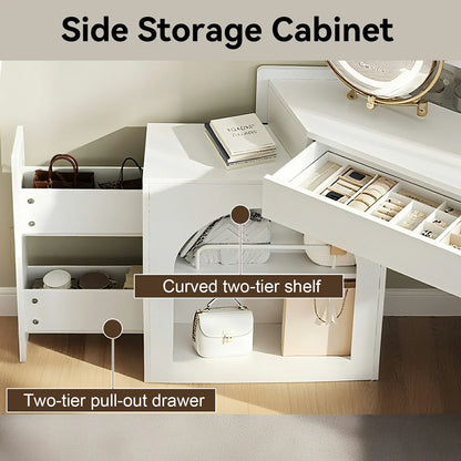 Corner Makeup Vanity Desk with LED Lights, Storage & Stool