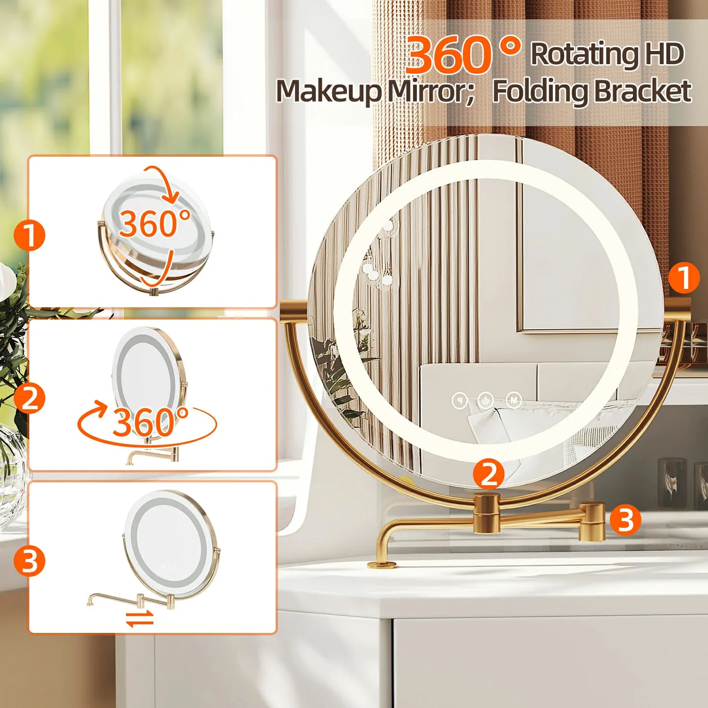 Corner Makeup Vanity Desk with LED Lights, Storage & Stool