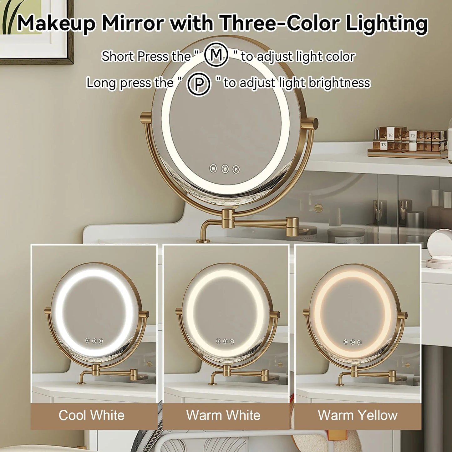 Corner Makeup Vanity Desk with LED Lights, Storage & Stool