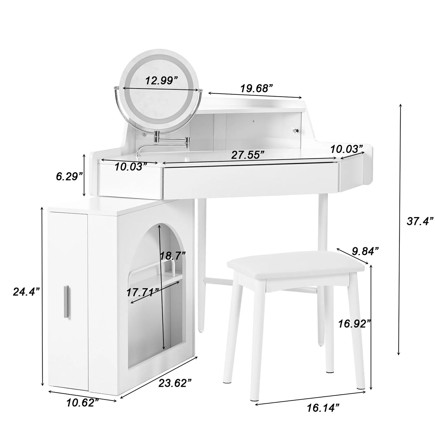 Corner Makeup Vanity Desk with LED Lights, Storage & Stool
