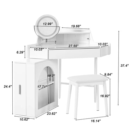 Corner Makeup Vanity Desk with LED Lights, Storage & Stool