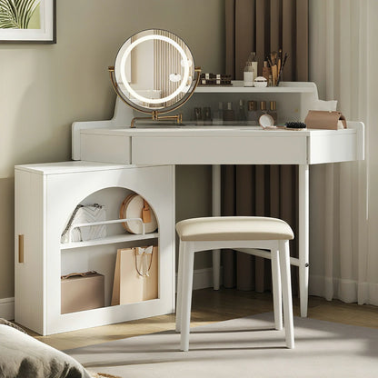 Corner Makeup Vanity Desk with LED Lights, Storage & Stool