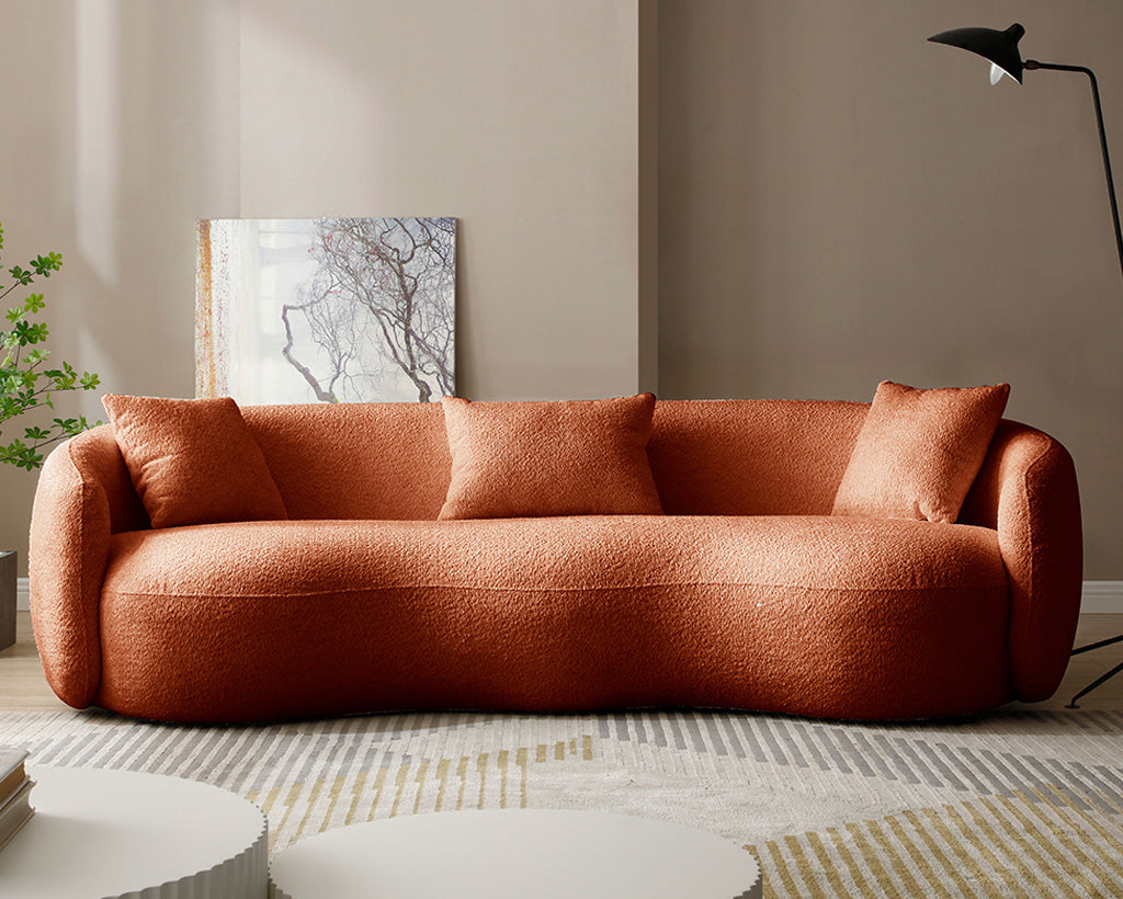 94.00" Mid-Century Modern Curved 4-Seat Boucle Sofa – Off-White Fabric Couch
