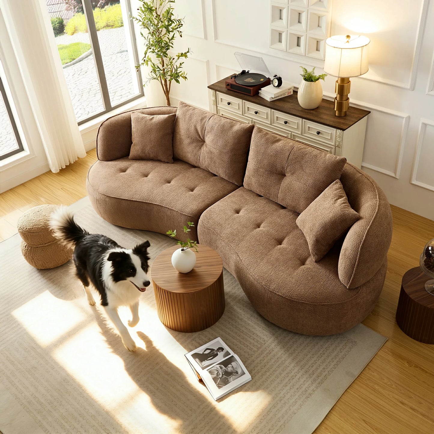 110" Orange modular sofa, durable fabric, solid wood frame Brown/White/Orange
