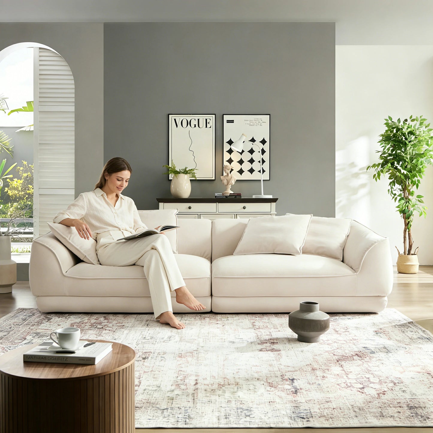 110" Sailboat Sofa Modular Design with Removable Pillowcases & Solid Wood Frame White/Brown