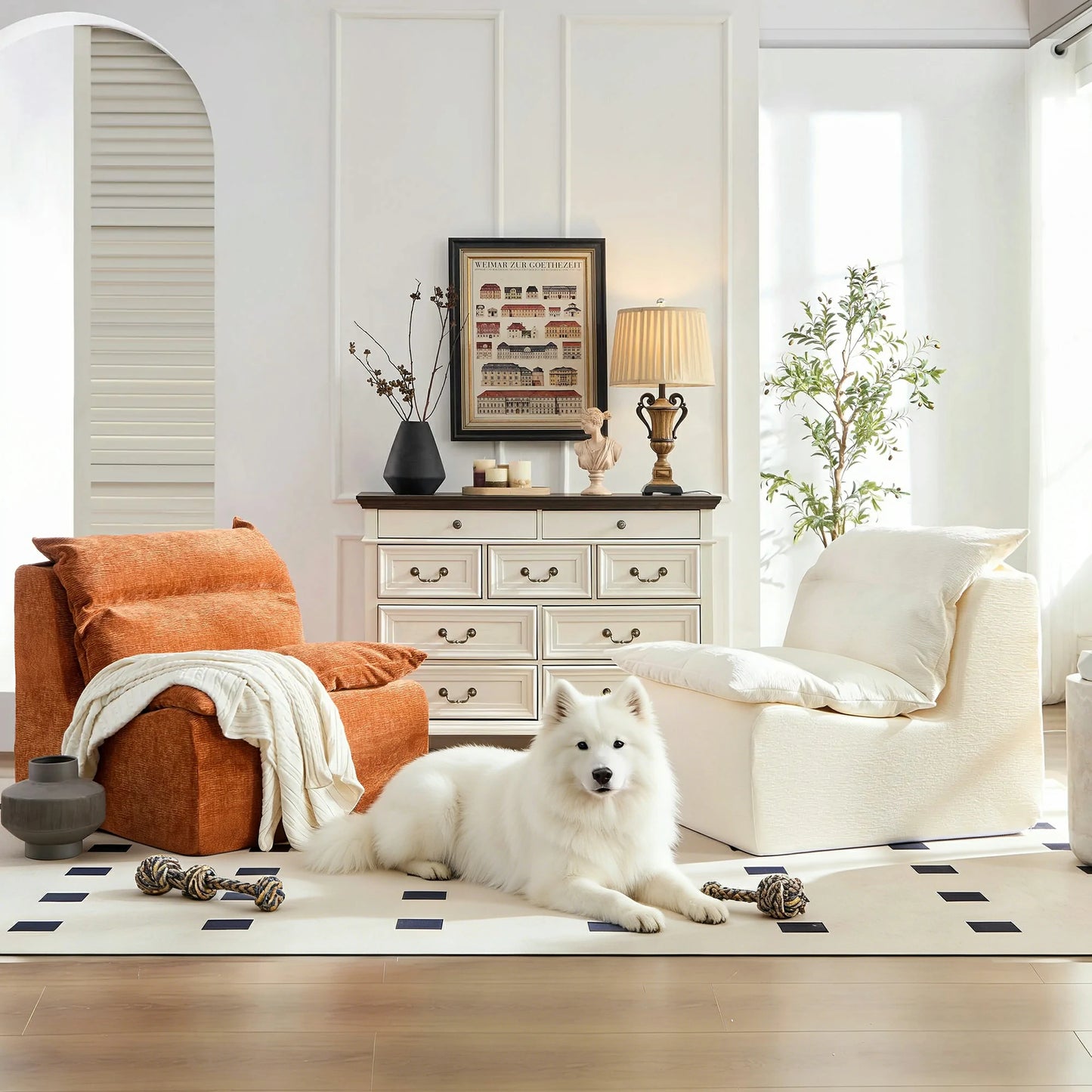 94"Cube Seat 3-Seat Sofa with Backrest for Living Room & Bedroom White/Orange/Green