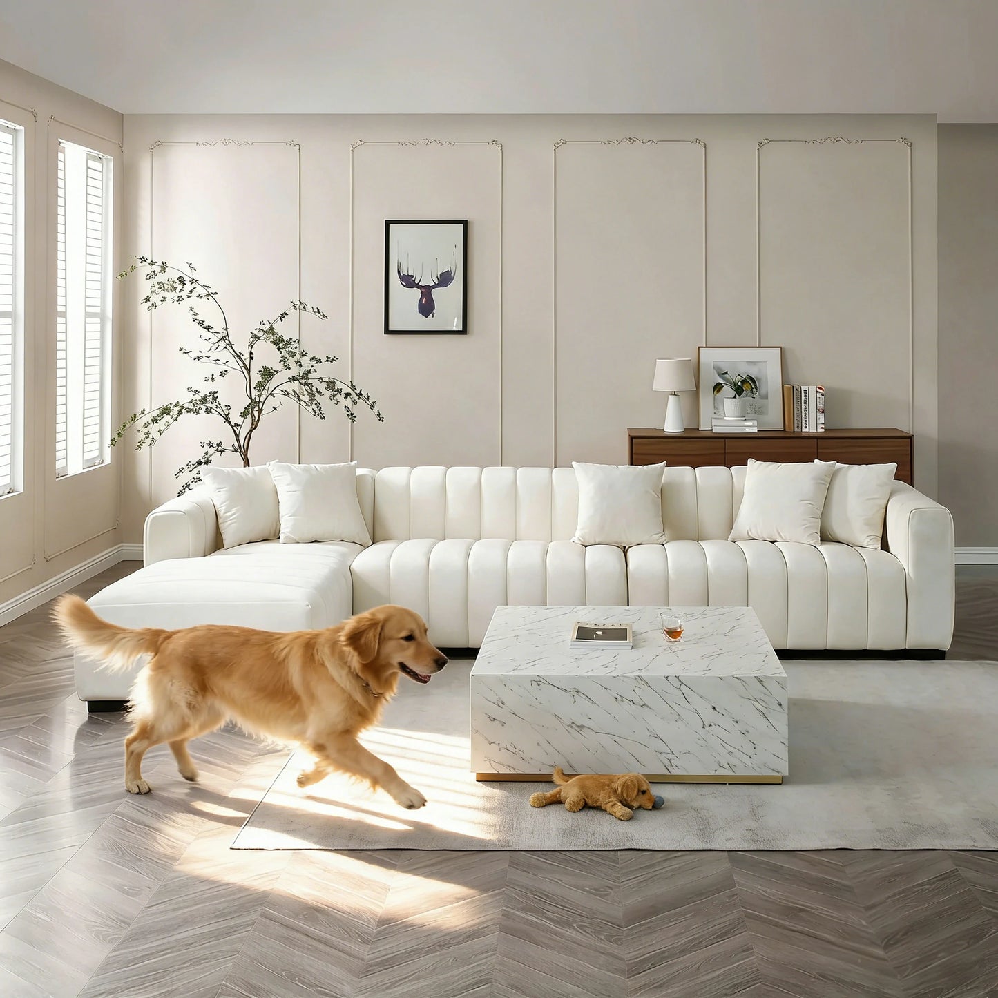 140'' Plush Canvas Channel Velvet Material Tufted Sofa Velvet Upholstered Left Chaise