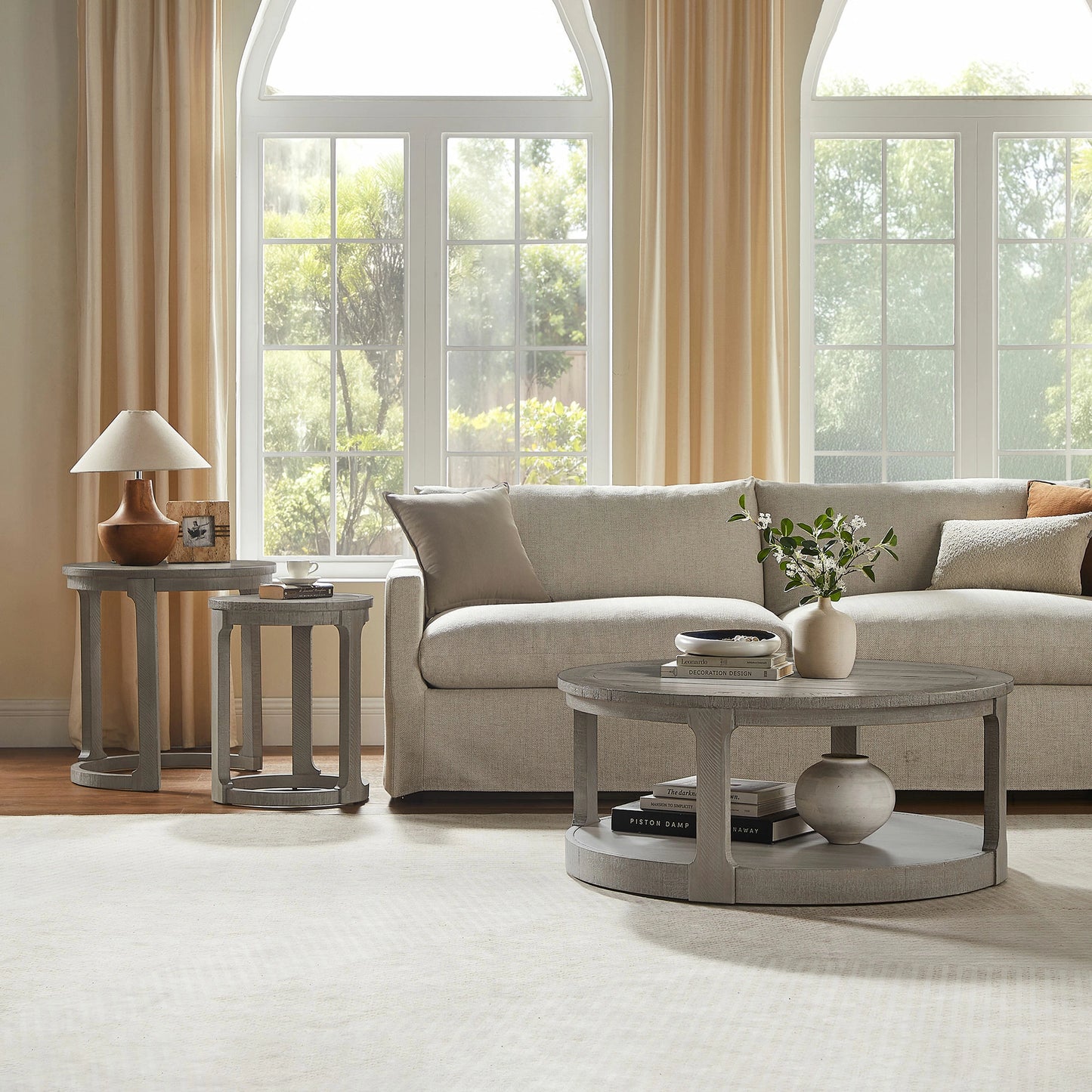 Curved Wooden Coffee Table Set - Mid Century Rustic Side Tables