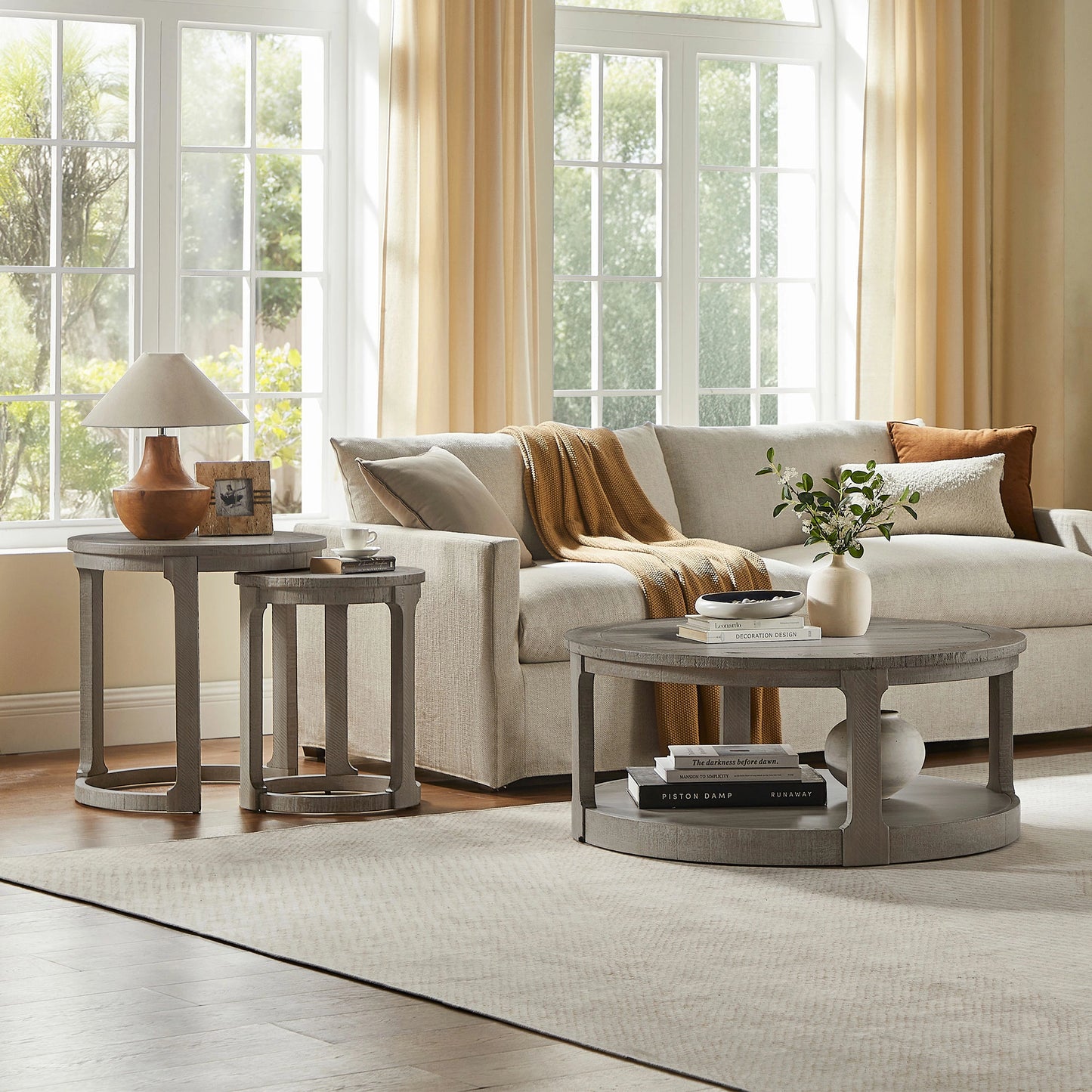 Curved Wooden Coffee Table Set - Mid Century Rustic Side Tables