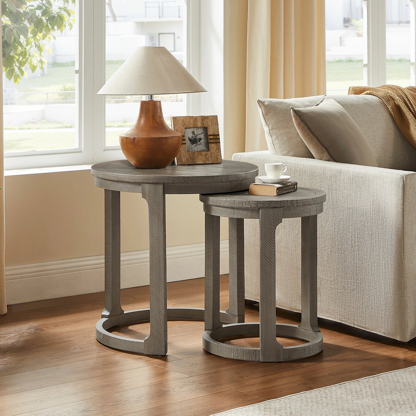 Curved Wooden Coffee Table Set - Mid Century Rustic Side Tables