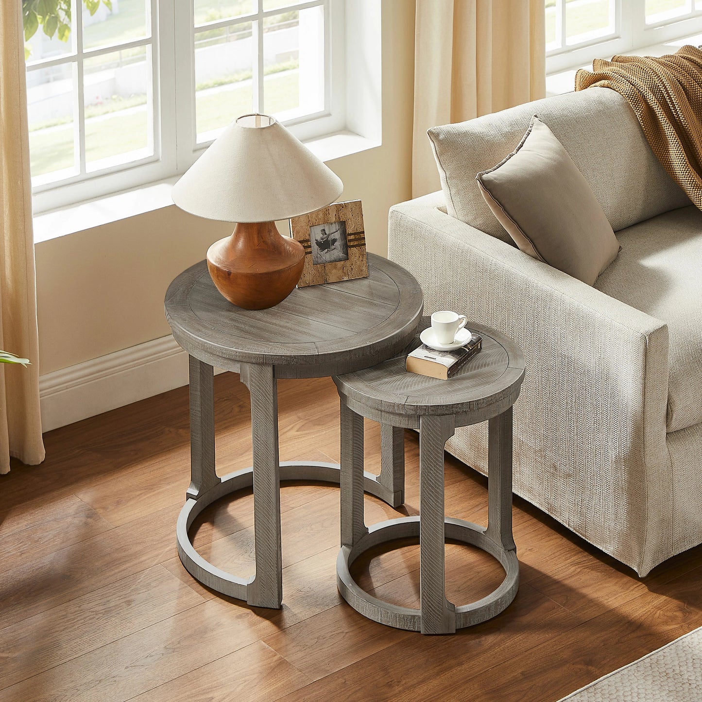 Curved Wooden Coffee Table Set - Mid Century Rustic Side Tables