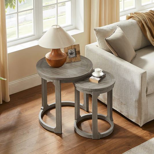 Curved Wooden Coffee Table Set - Mid Century Rustic Side Tables