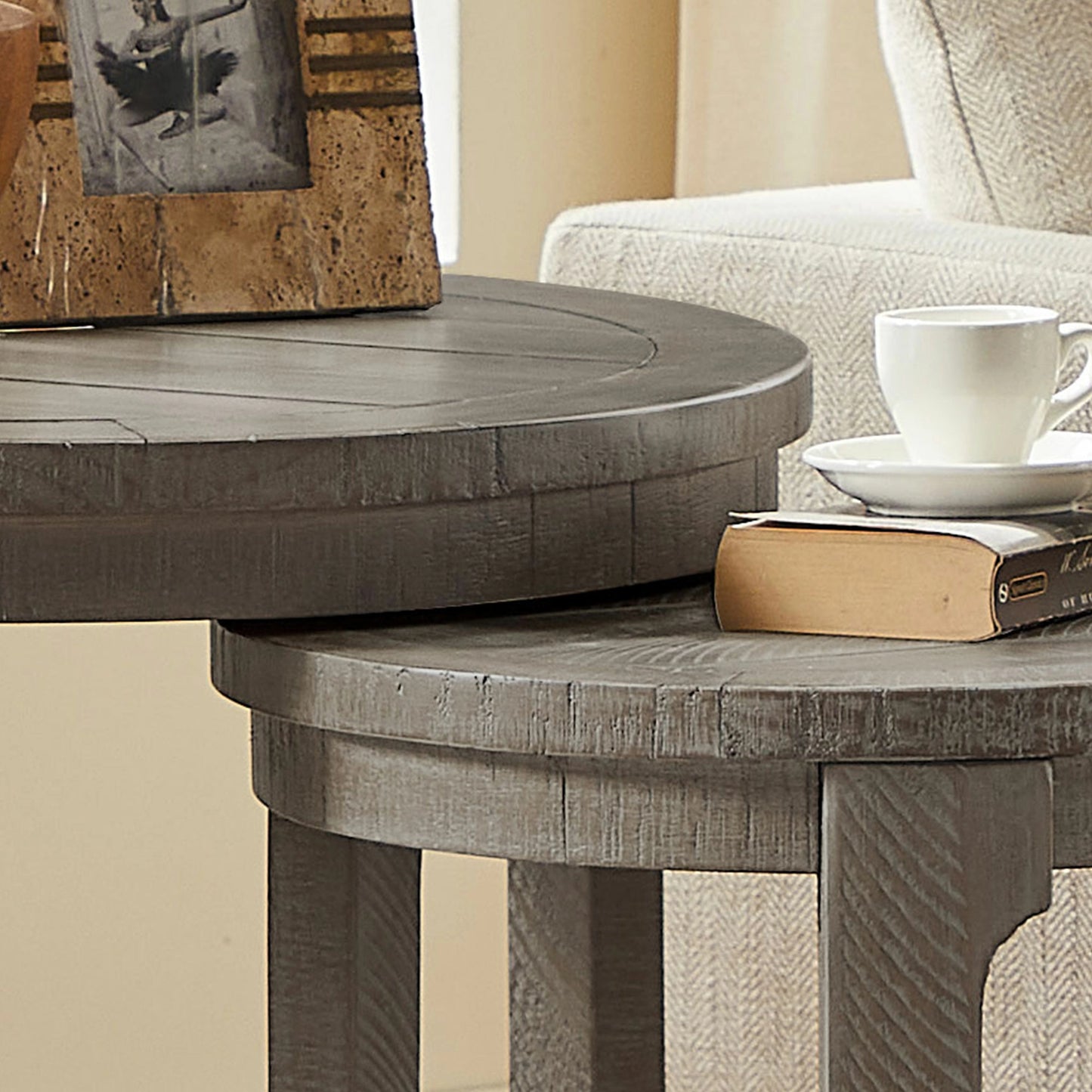 Curved Wooden Coffee Table Set - Mid Century Rustic Side Tables