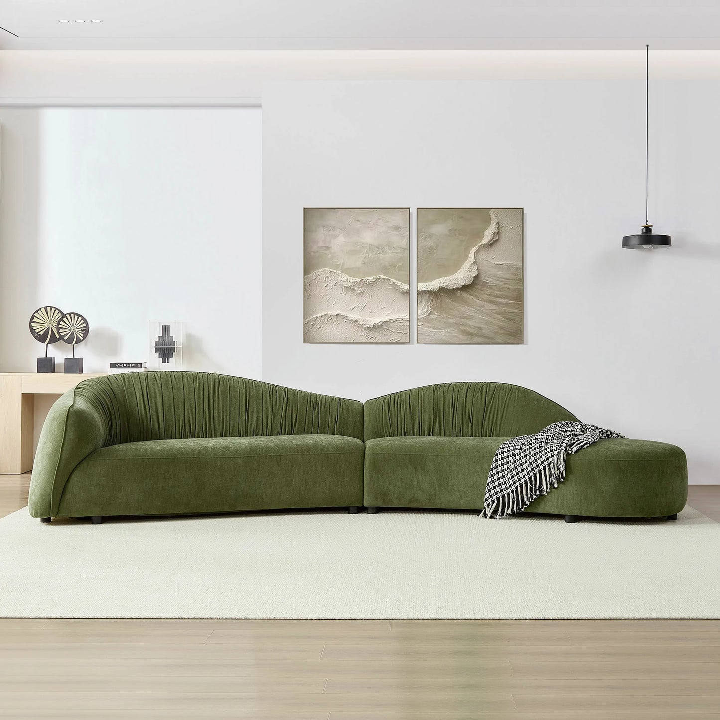 145" Mid-Century Green Upholstered Couch with Chaise