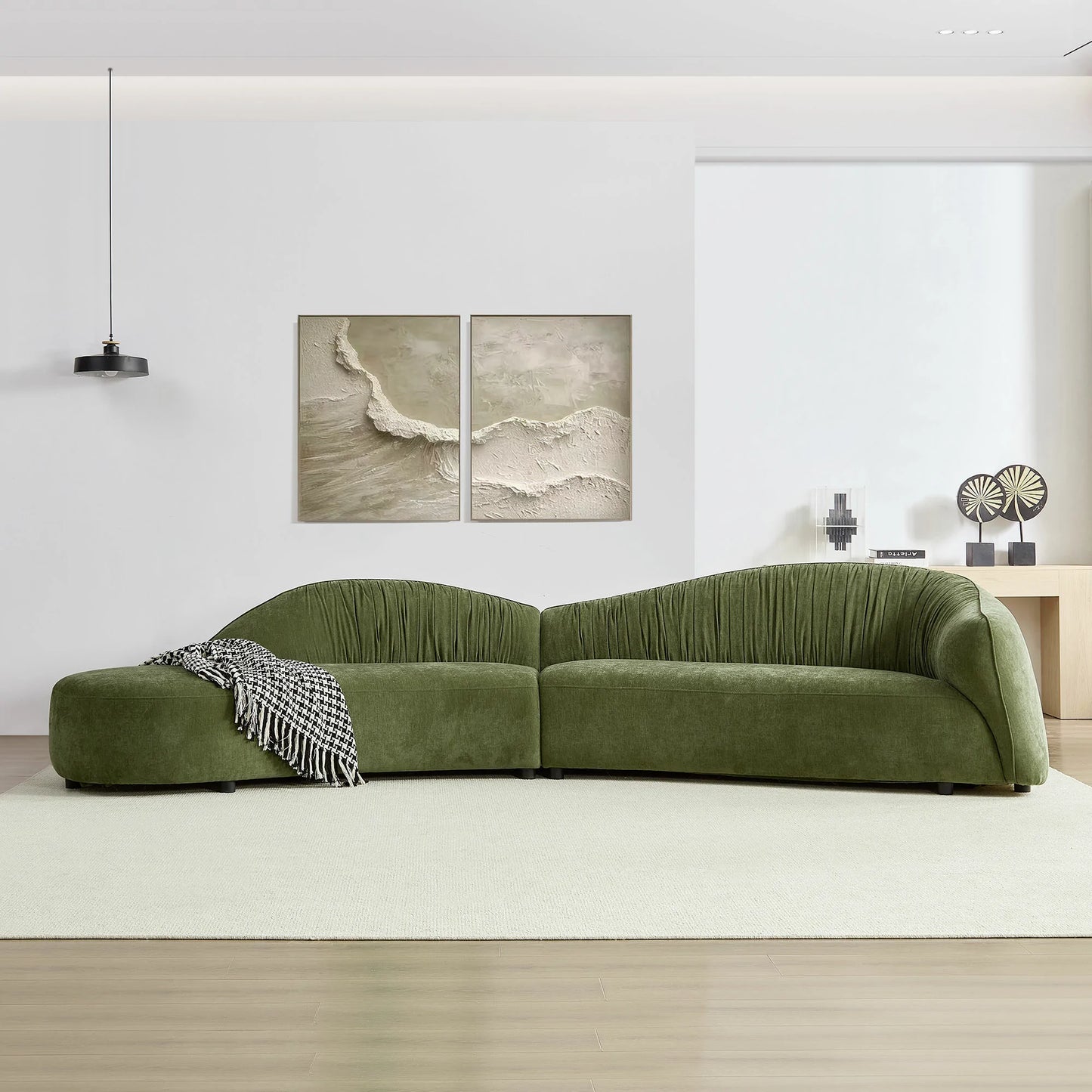 145" Mid-Century Green Upholstered Couch with Chaise