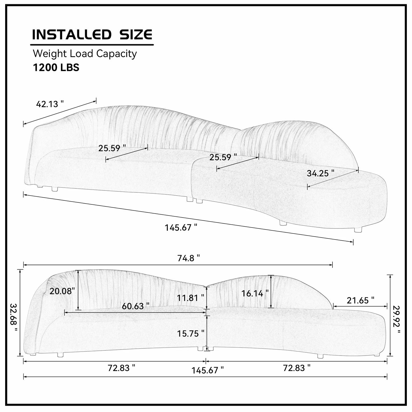 145" Mid-Century Green Upholstered Couch with Chaise