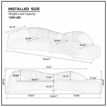 145" Mid-Century Green Upholstered Couch with Chaise