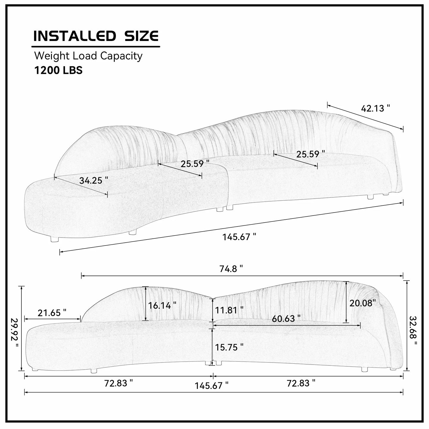 145" Mid-Century Green Upholstered Couch with Chaise
