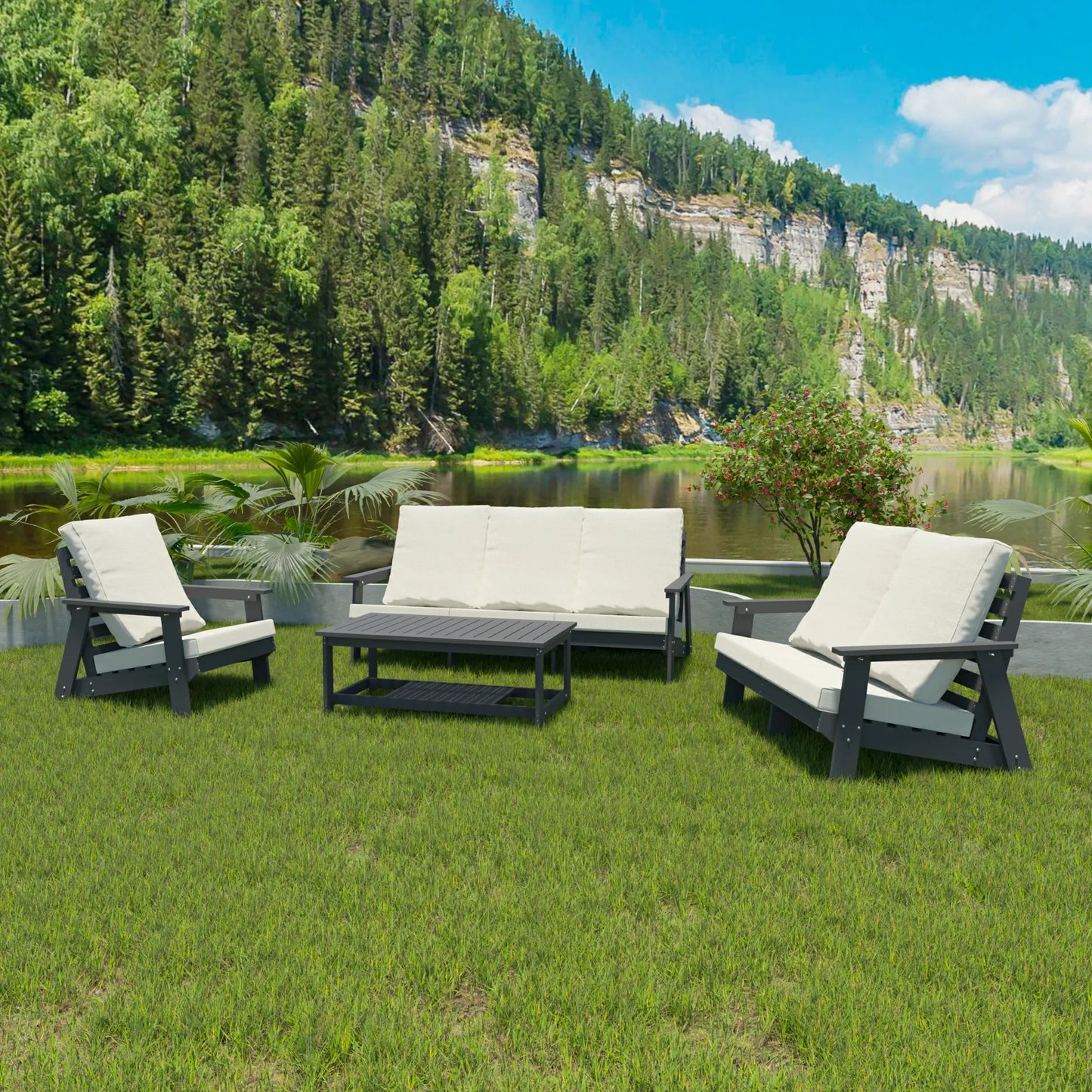 HIPS Loveseat with Cushion, Wood Grain Outdoor Garden Sofa