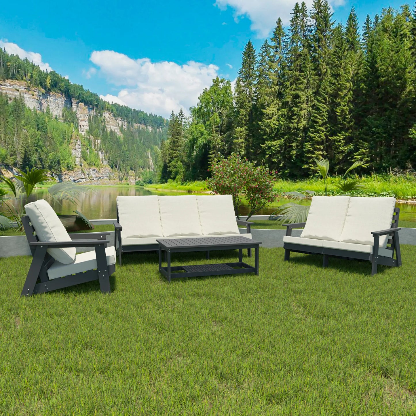 HIPS 3 Seater Sofa with Cushion, Wood Grain Outdoor Garden Sofa