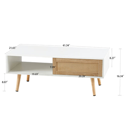 41.34" Rattan Coffee Table – Sliding Door Storage, Solid Wood Legs