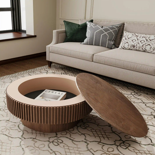 31.5'' Round Coffee Table with Storage Solid Wood Veneered