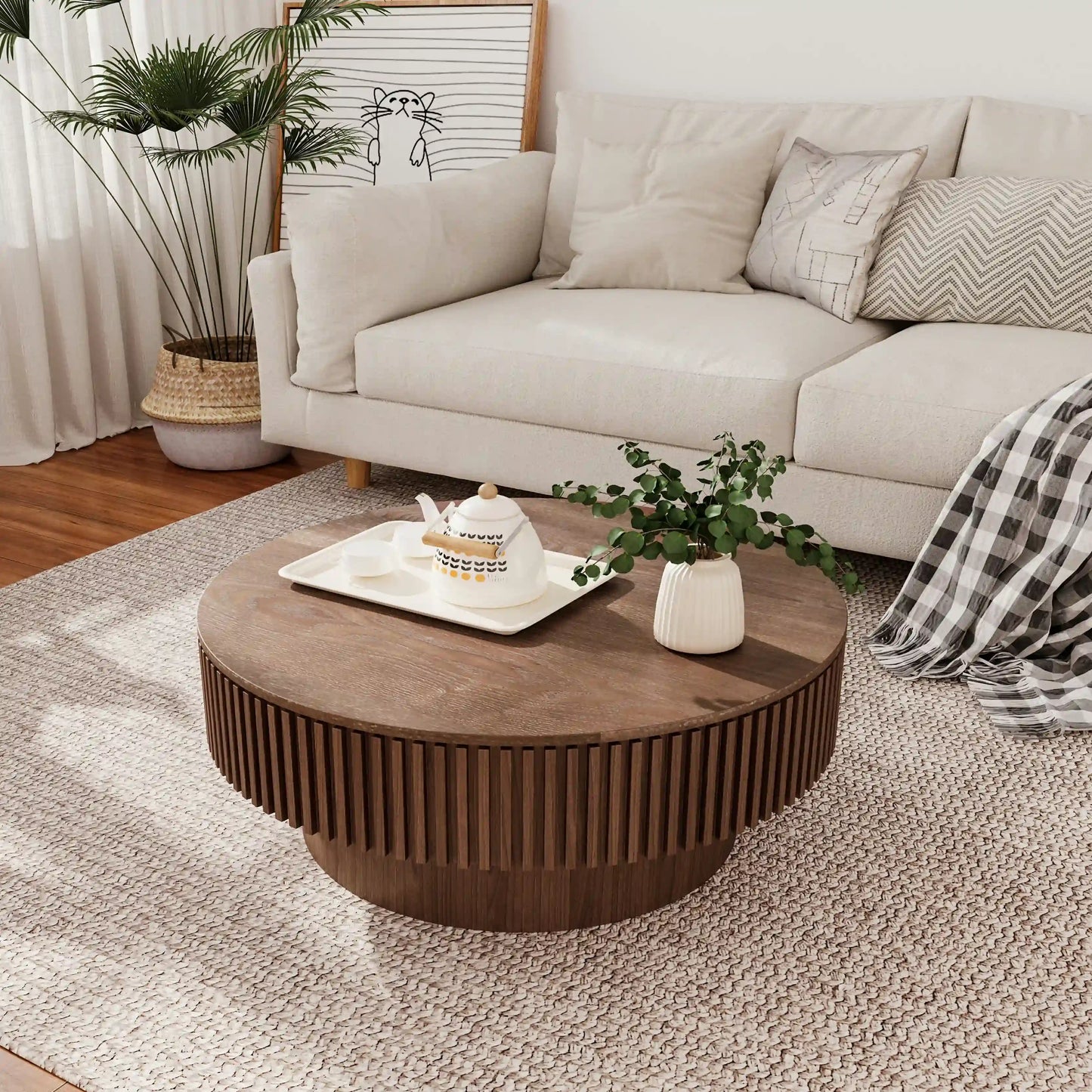 31.5'' Round Coffee Table with Storage Solid Wood Veneered