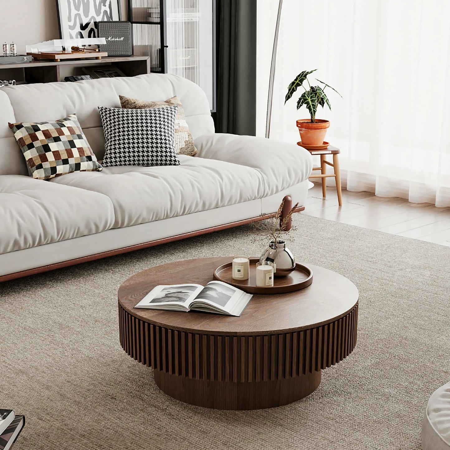 31.5'' Round Coffee Table with Storage Solid Wood Veneered