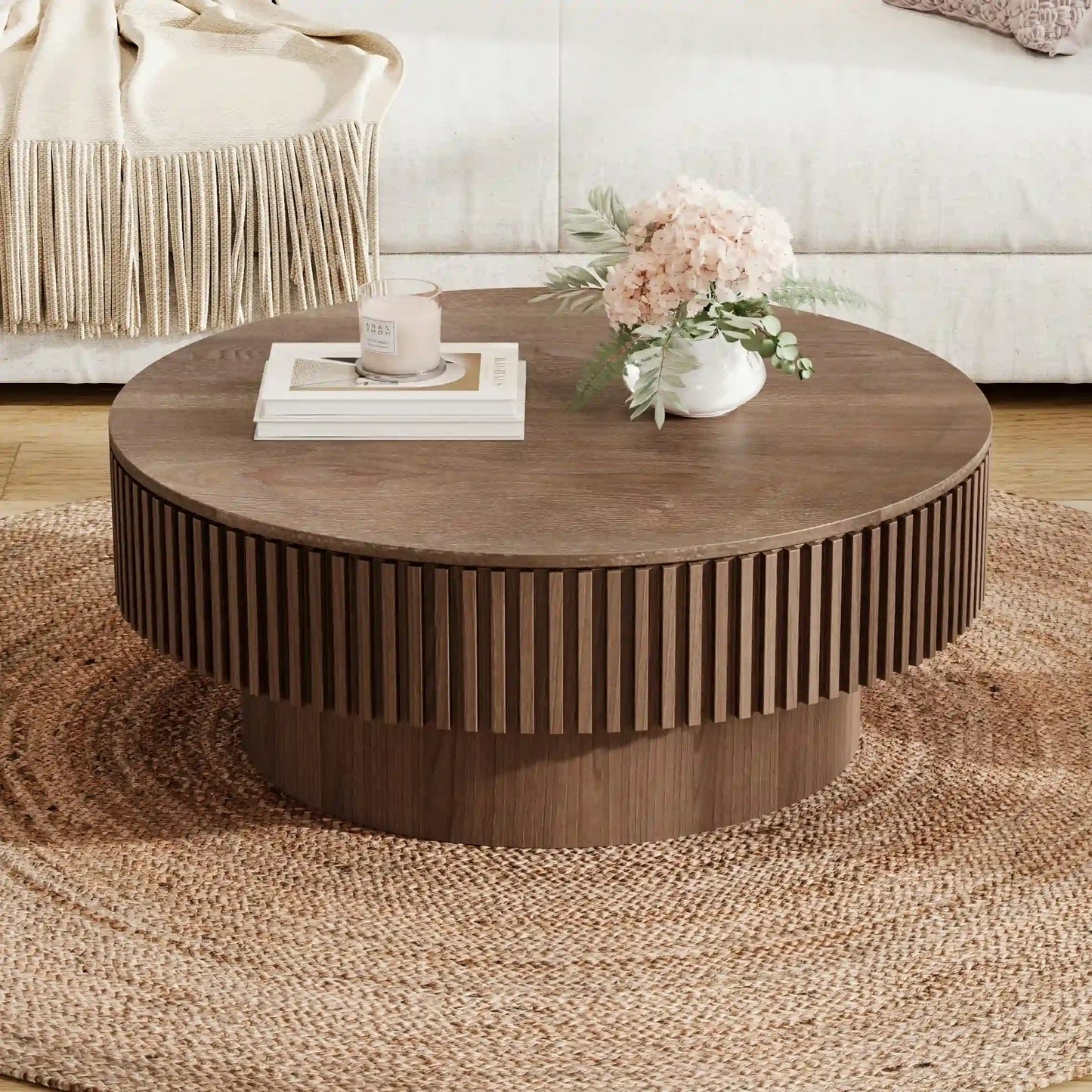 31.5'' Round Coffee Table with Storage Solid Wood Veneered