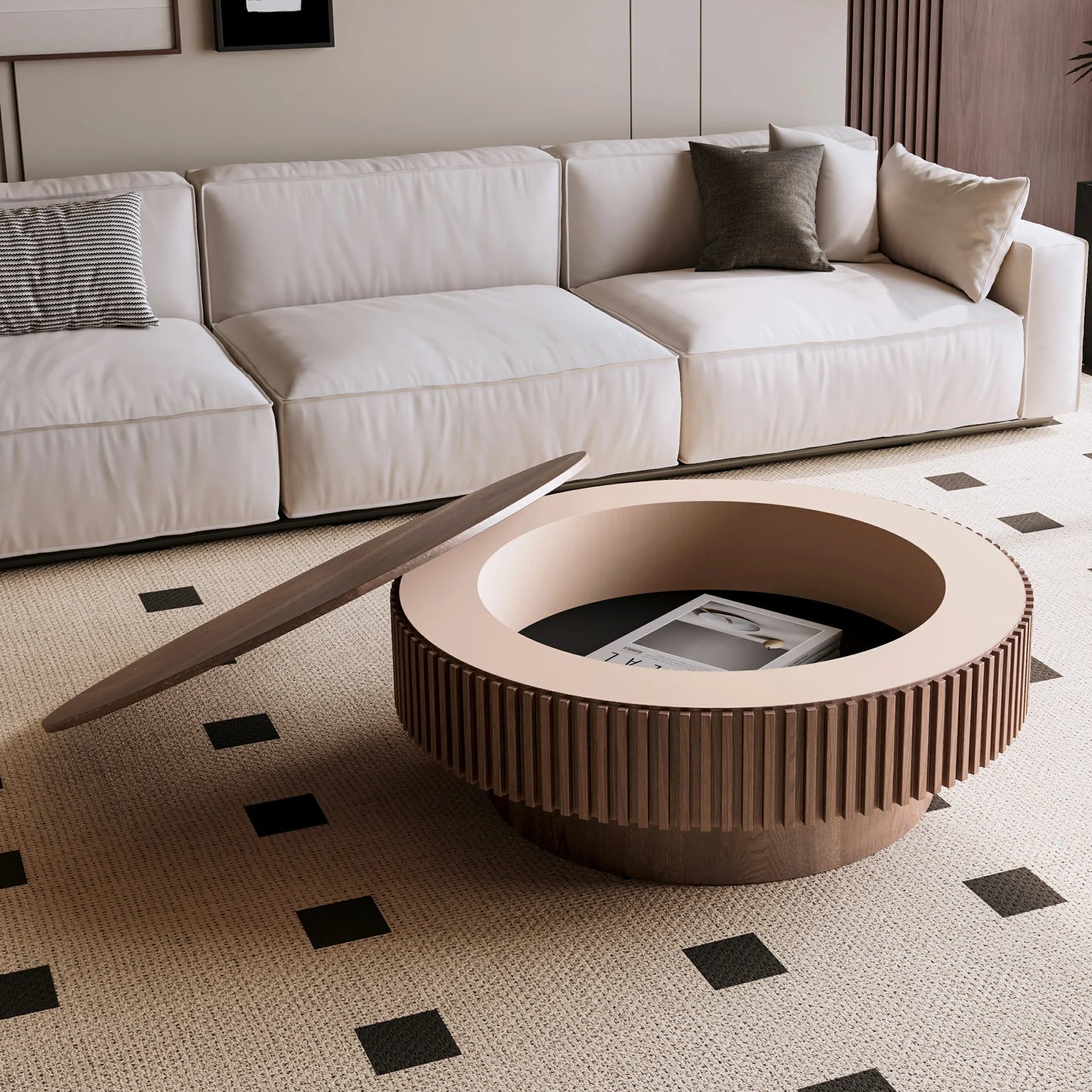 31.5'' Round Coffee Table with Storage Solid Wood Veneered