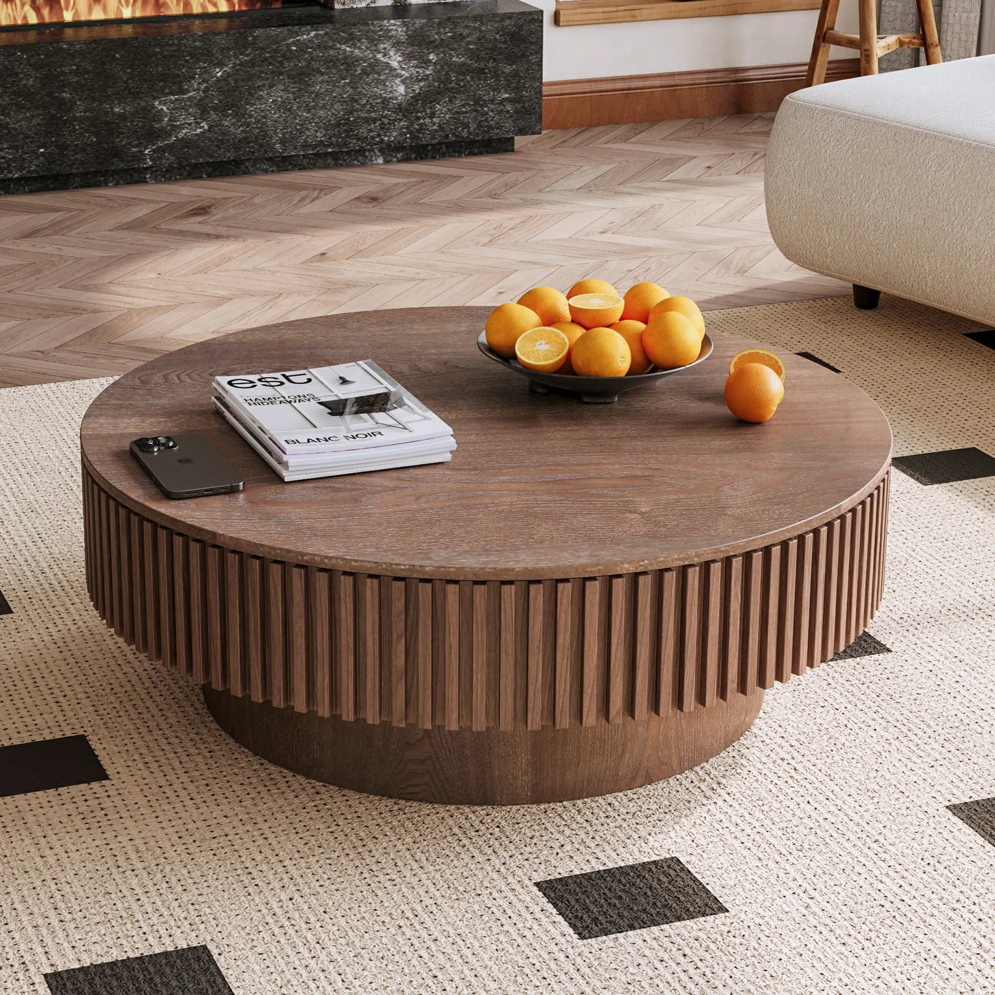 31.5'' Round Coffee Table with Storage Solid Wood Veneered