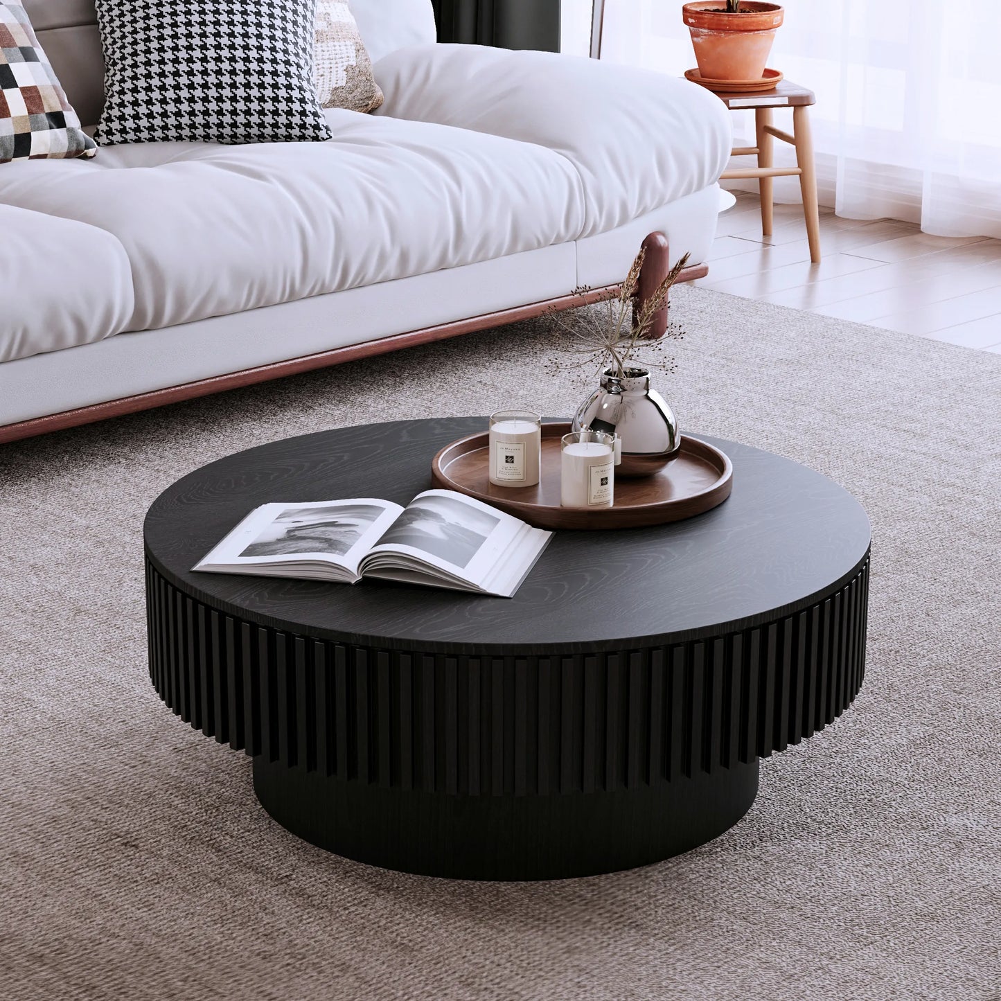 31.5'' Round Coffee Table with Storage Solid Wood Veneered