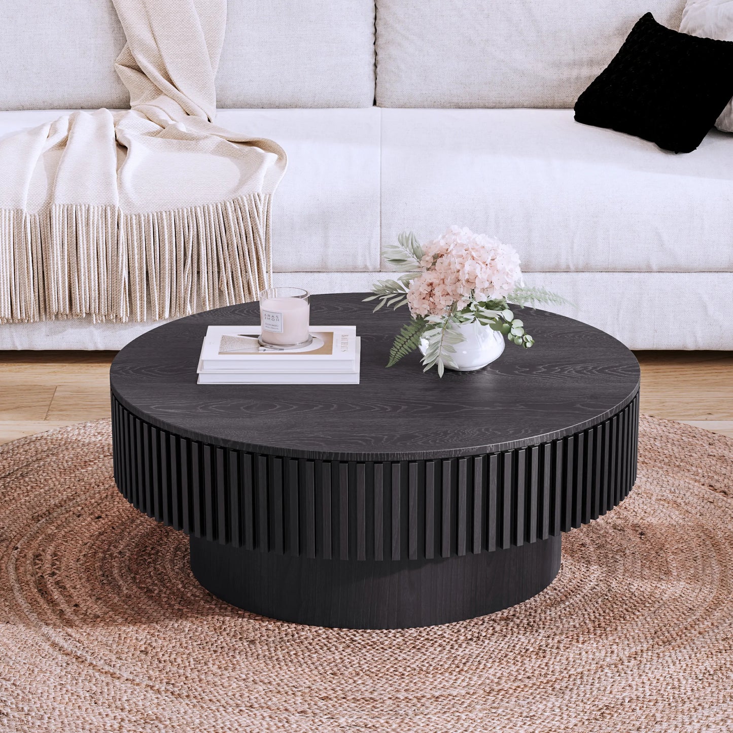 31.5'' Round Coffee Table with Storage Solid Wood Veneered