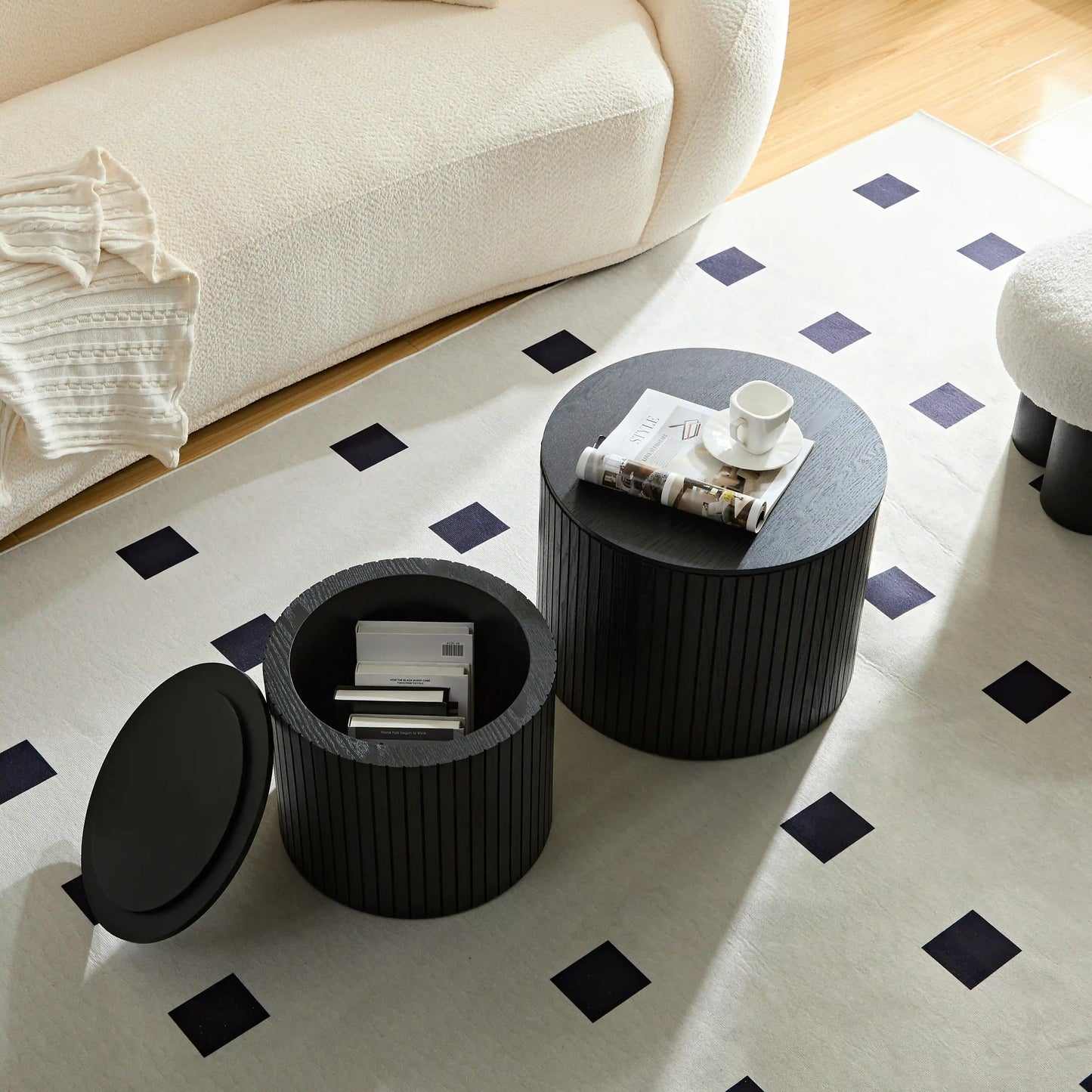 Handcrafted Round MDF Nesting Tables, 2-Piece Set with Storage