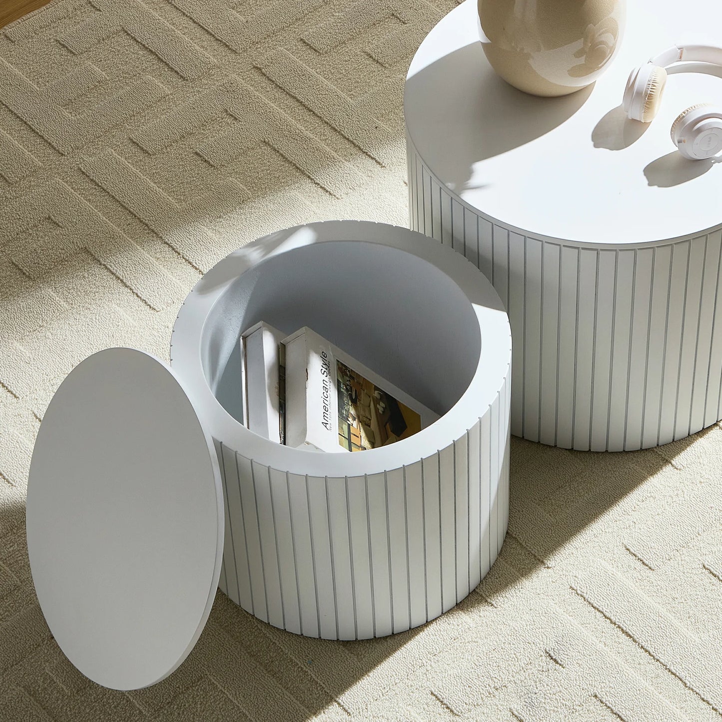 Handcrafted Round MDF Nesting Tables, 2-Piece Set with Storage