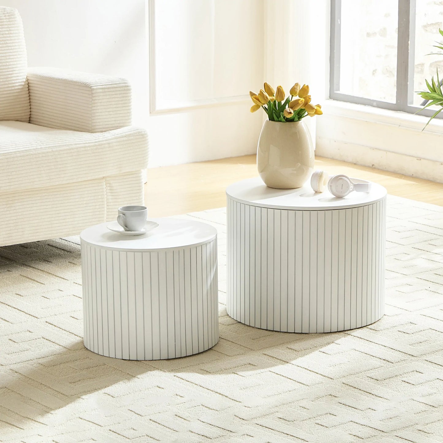 Handcrafted Round MDF Nesting Tables, 2-Piece Set with Storage