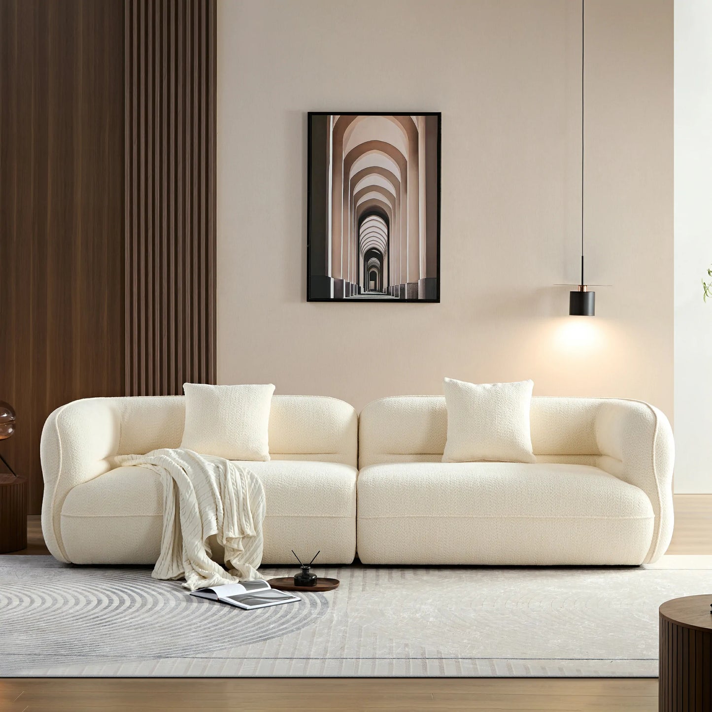 110.24" White sectional sofa, durable fabric, solid wood frame, high density sponge filler