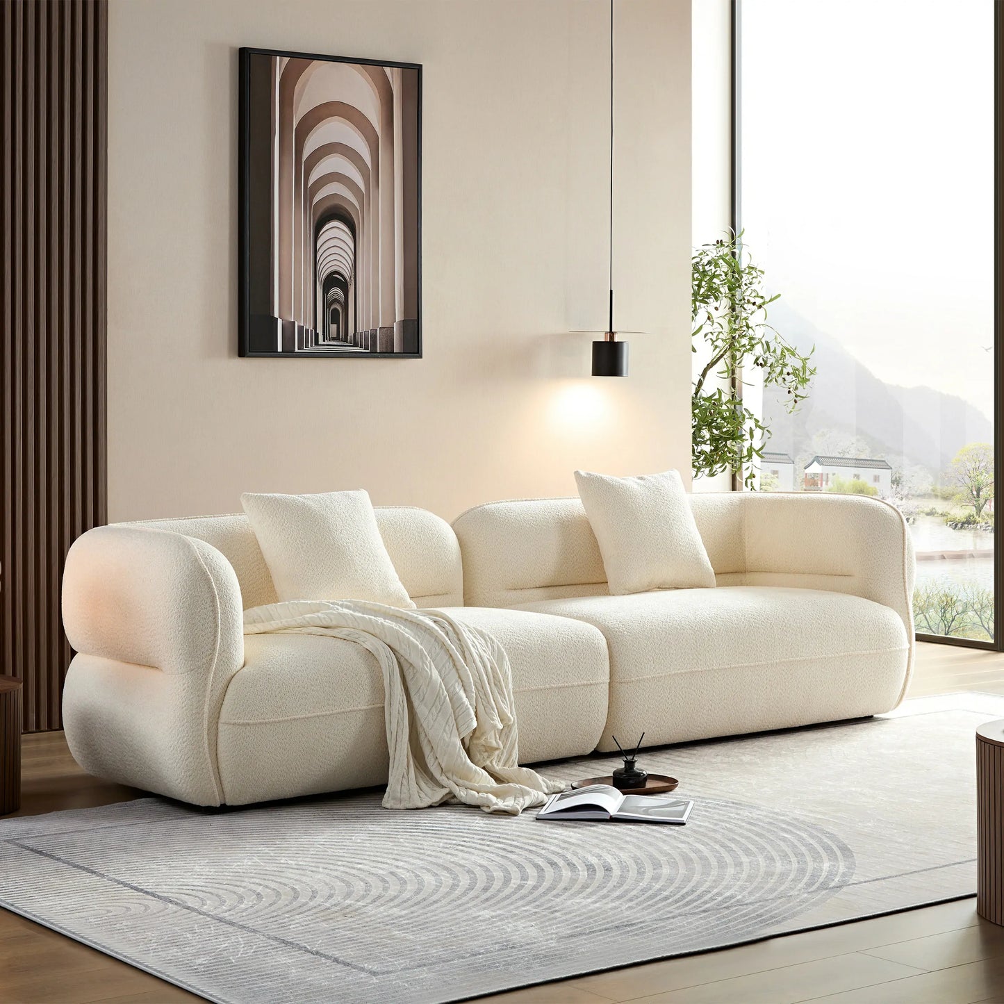 110.24" White sectional sofa, durable fabric, solid wood frame, high density sponge filler