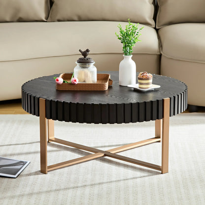 Modern Handcrafted 31.5" Round Drum Coffee Table with Stainless Steel Pedestal