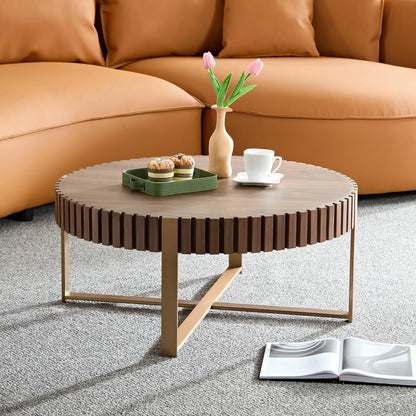 Modern Handcrafted 31.5" Round Drum Coffee Table with Stainless Steel Pedestal