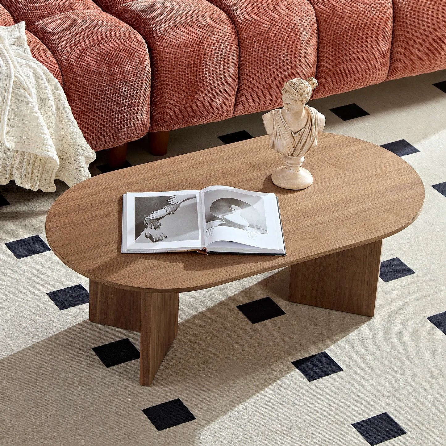 39.4" Modern Coffee Table - Sleek Wood Veneer Top & Stable Pedestal Base for Small Spaces