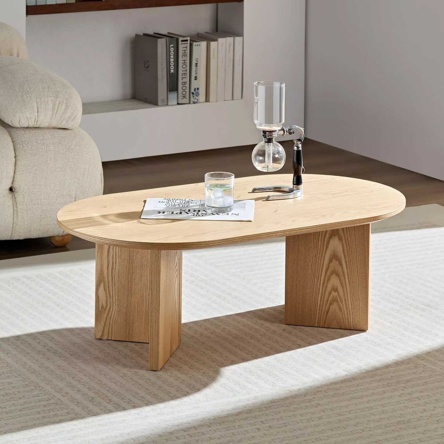 39.4" Modern Coffee Table - Sleek Wood Veneer Top & Stable Pedestal Base for Small Spaces