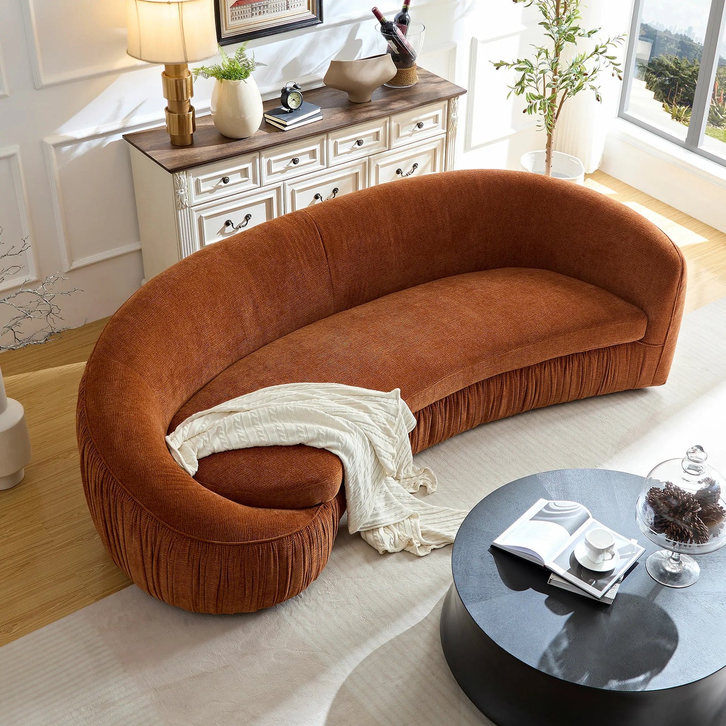 Modern Curved 4-Seat Sofa, Upholstered Fabric, No Assembly Needed