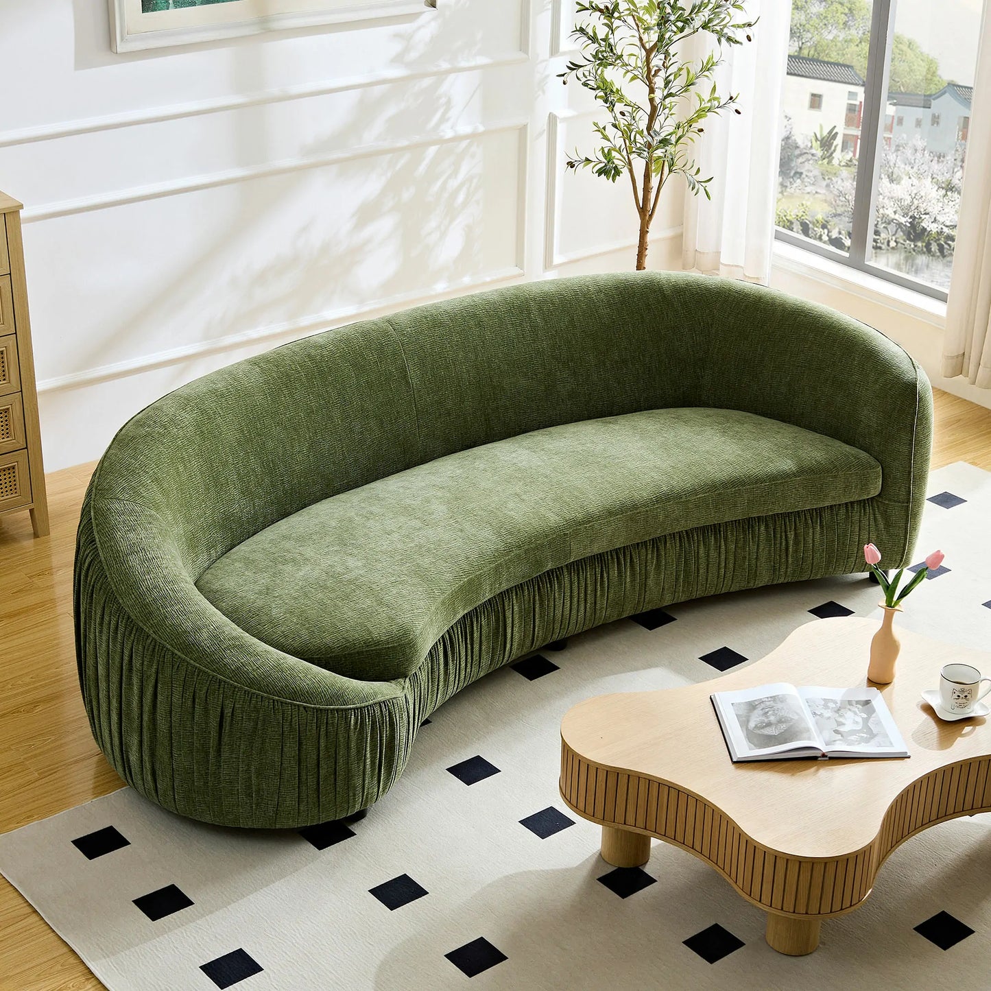 Modern Curved 4-Seat Sofa, Upholstered Fabric, No Assembly Needed